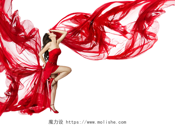 穿着红衣服的模特Woman Red Dress Flying on Wind Flow Dancing on White, Fashion Model